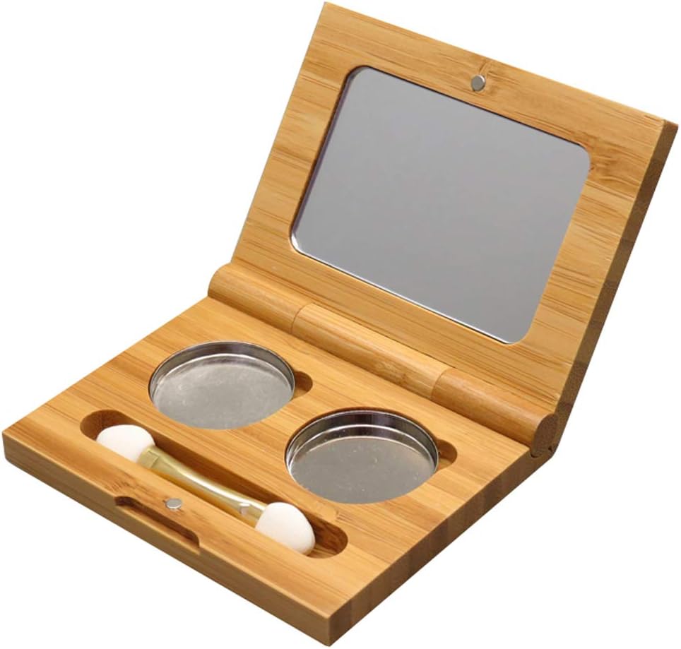 mollensiuer Bamboo Empty Eye Shadow Case Box Double Grid Magnetic Eyeshadow Makeup Palette Cosmetics Organizer Container with Makeup Brush and Aluminum Palette Pans for Eye Shadow, Blush, Powder