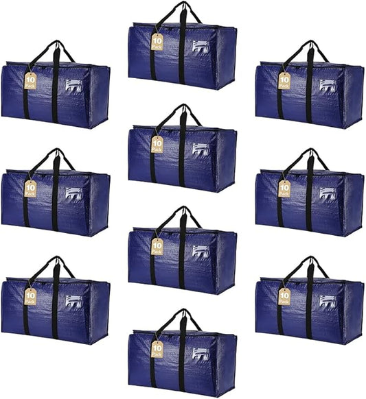 Cryster 10-Pack Blue Moving Bags with Strong Zippers,Heavy Duty Storage Totes With Comfortable Handles,Large Storage Totes for Student Supplies