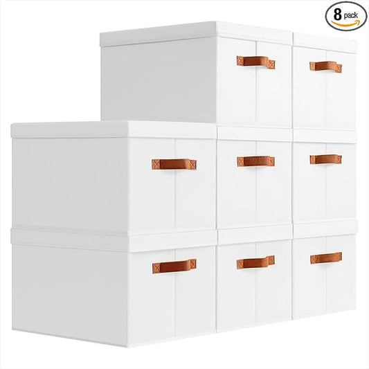 Storage Bins with Lids - Large Fabric Closet Bins with Lid, 8 Pack Clothes Organizers and Storage, Collapsible Stackable Cube Basket for Home, Office, Dorm, White