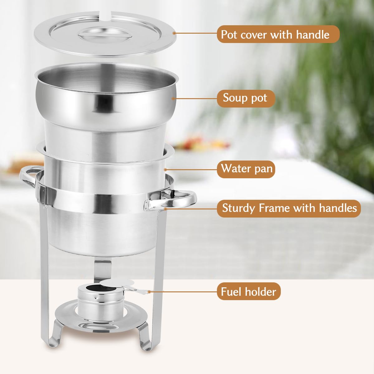 Snowtaros 7QT Soup Chafer, Stainless Steel Round Soup Warmer with Pot Lid & Fuel Holder, Commercial Soup Pot Chafing Dish for Catering, Parties, Banquets, Events (2 Pack)