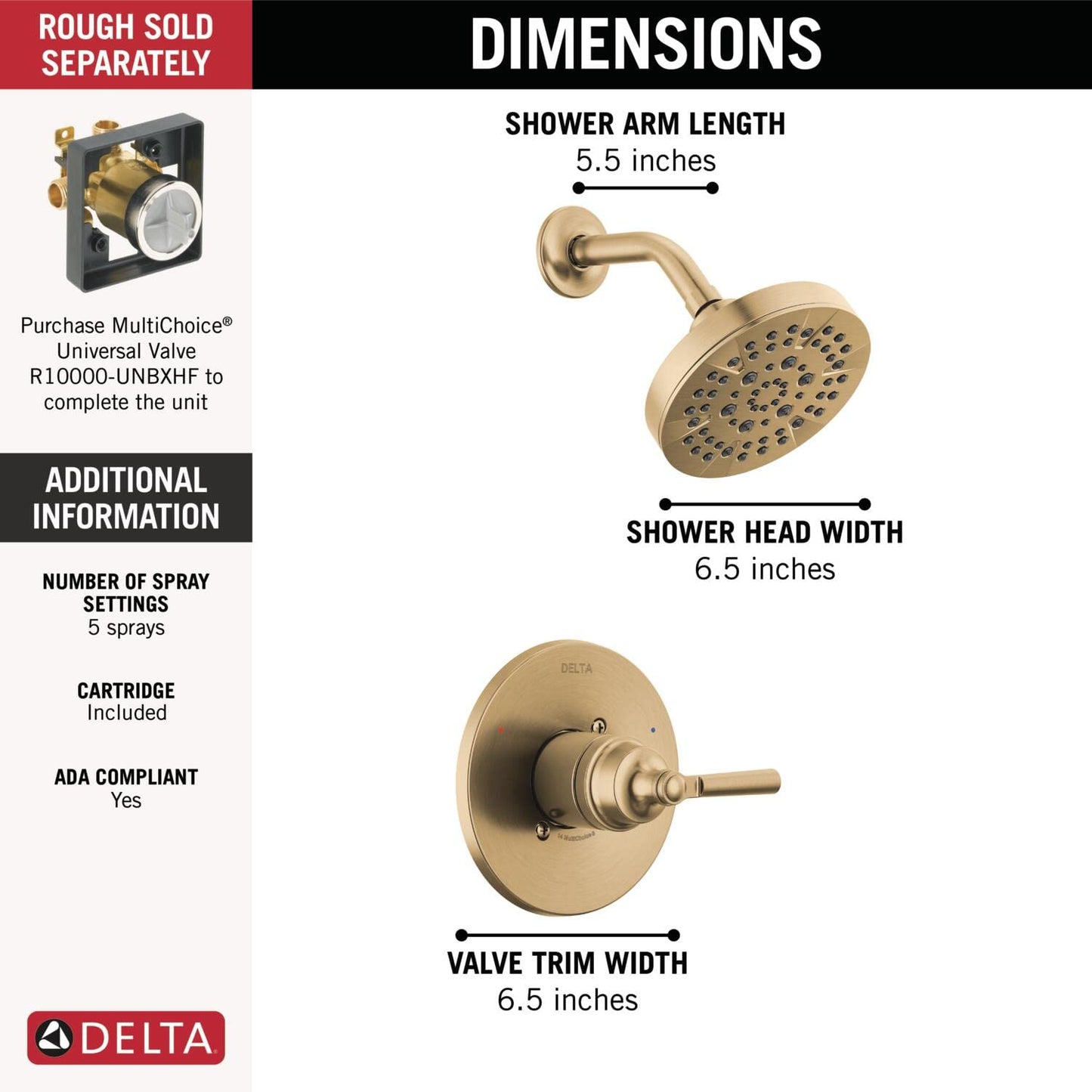 Delta Saylor 14 Series 5-Setting Shower Faucet Set, Brushed Gold Shower Head and Handle Set, Valve Trim Kit, Champagne Bronze T14235-CZ (Valve Not Included)