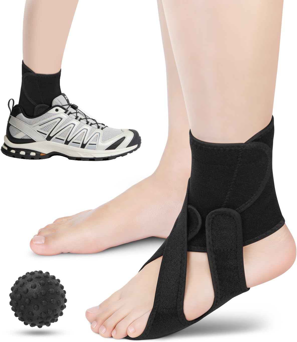 Foot Drop Brace Adjustable Foot Brace for Walking, Ankle Foot Orthosis Provide Foot Drop and Ankle Support, for Walking with Shoes, Socks, or Barefoot, for MS, TBI, Stroke, Use Day & Night, Includes a Massage Ball
