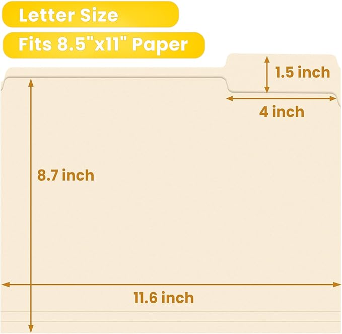 SUNEE File Folders, 18 Pack Manilla Folders 8.5 x 11, 1/3 Cut Tab for Easy Labeling and Organization, Durable Standard Paper for Home, Office, School Filing