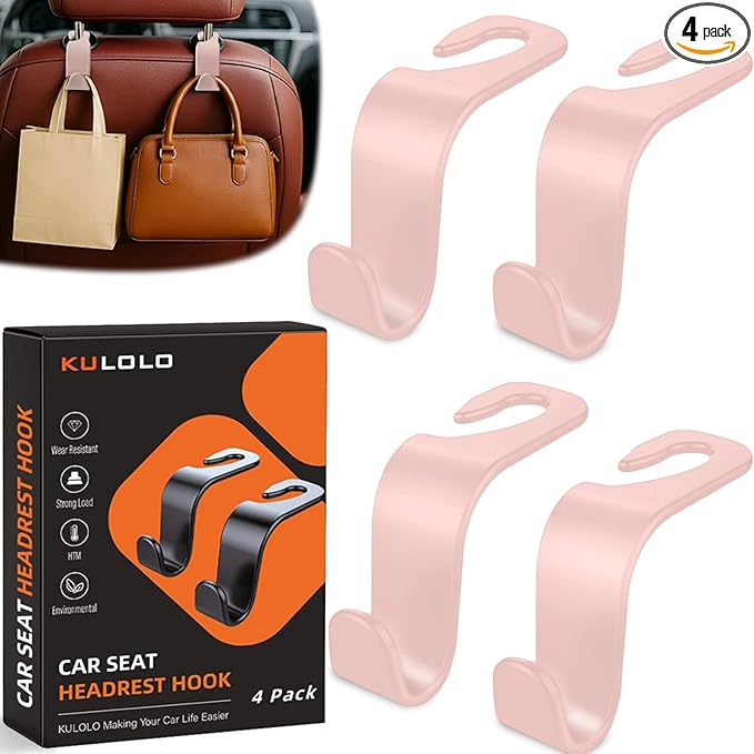 Car Seat Hooks & Purse Holder - 4 Pack Boxed,55 lb Heavy Duty,Eco PP Car Hooks for Purse/Bag/Baby Gear/Gym Bag/Groceries/Cup/,Fits 0.32-0.55âCar Headrest Rods (Pink)