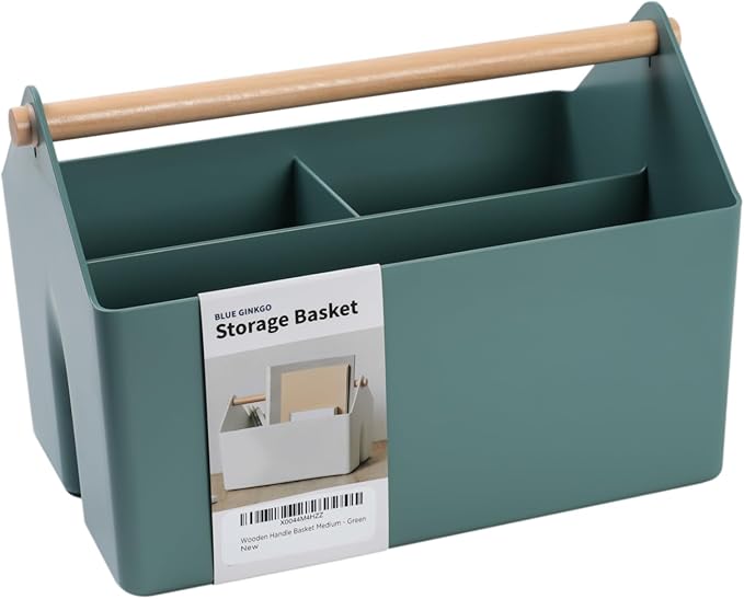BLUE GINKGO Medium Storage Basket â Plastic Caddy with Wooden Handle for Office, Arts & Crafts, or Home Supplies (Green)