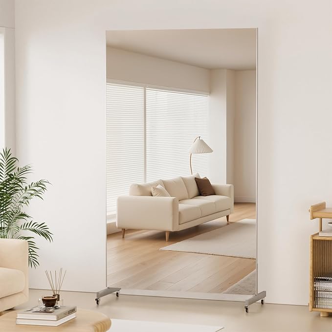 76" x 34" Full Length Standing Mirror on Wheels, Large Glassless Rolling Mirrors with Brakes, Shatterproof Full Body Mirror for Dance Studio/Home Gym, HD Imaging, Easy to Install, Silver