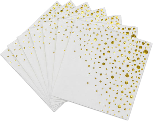 Gold Napkins, 100 Pack White and Gold Cocktail Napkins, 5x5 Inch Party Event Napkins, 3 Ply Luxury Paper Holiday Napkins, Disposable Beverage Wedding Napkins