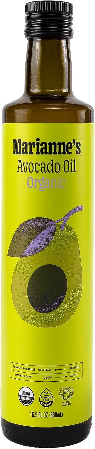 Marianne’s Organic Avocado Oil: 100% Pure Organic Cooking Oil for Frying, Sautéing & Baking, Neutral Flavor, High-Heat Performance Up to 500°F, Clean Label Project Purity Award