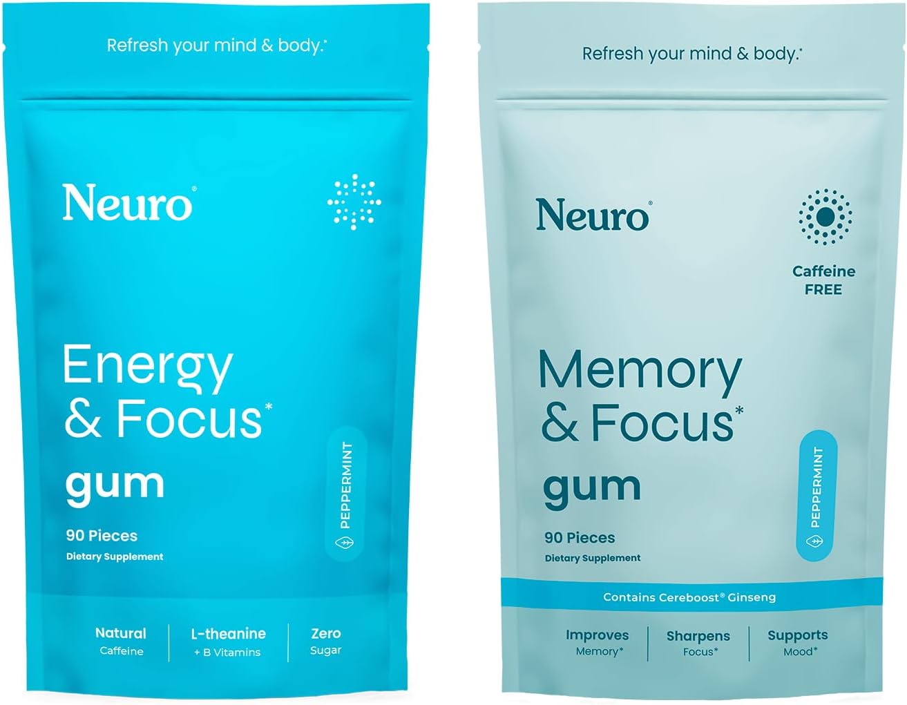 Neuro Focus Set – 90 Count Each (Peppermint) – Sugar Free Nootropic Chewing Gums with Natural Caffeine, L-Theanine, B-Vitamins & Ginseng for Energy, Alertness & Clarity