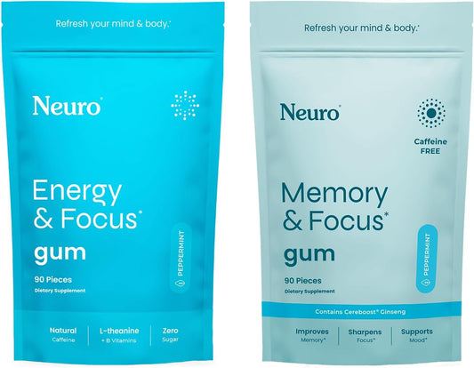 Neuro Focus Set – 90 Count Each (Peppermint) – Sugar Free Nootropic Chewing Gums with Natural Caffeine, L-Theanine, B-Vitamins & Ginseng for Energy, Alertness & Clarity