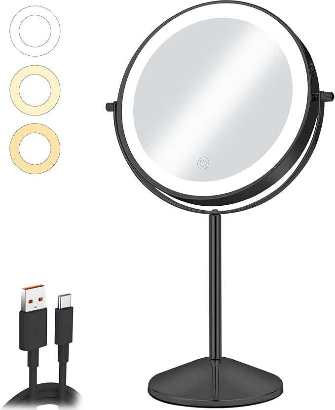 8" Vanity Mirror with Lights Rechargeable, 1X/10X Magnifying Makeup Mirror with Touch Screen, 54 LED Adjustable Brightness, 3 Color Modes, 360Â° Rotation for Tabletop & Bedroom