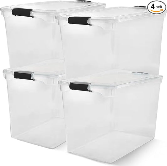 HOMZ 4-Pack Secure Latch, Clear Plastic Storage Organizer Bins, 112 Quart, Gray Latches - Stackable Container Boxes for Bedroom, Bathroom, Garage, and Office Organization