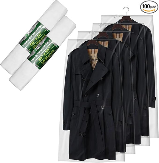 PARTY BARGAINS 60 x 24 Inch Disposable Clear Garment Bags, 100 Pack â Heavy-Duty Plastic Clothes Covers for Suits Dresses Coats, Closet & Travel