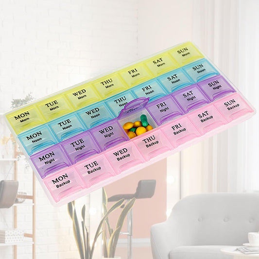 1 Piece Pill Medicine Organizer 28 Compartment Multicolor 7 Day Travel Medicine Case Morning Noon Night Backup A Day Daily Pill Box to Hold Vitamins, Medication