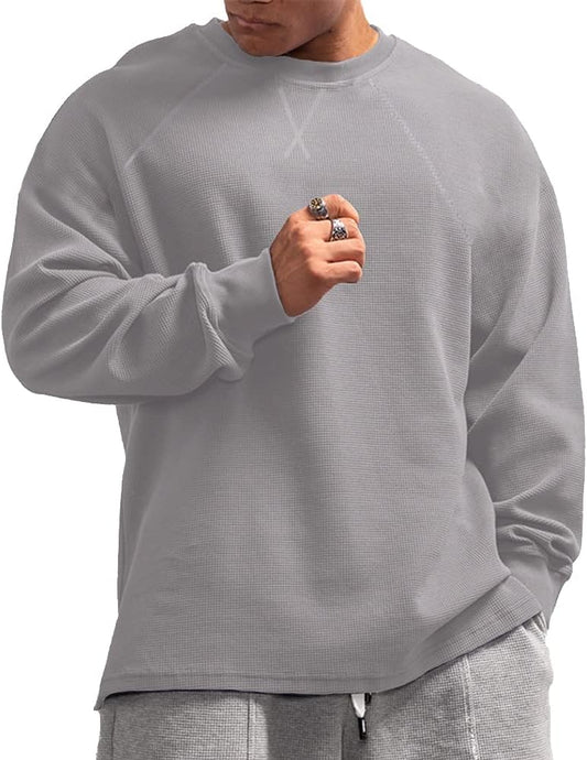 JEEING GEAR Men's Basic Long Sleeve Waffle Sweatshirt Loose Fit Workout Pullover Crewneck Shirt