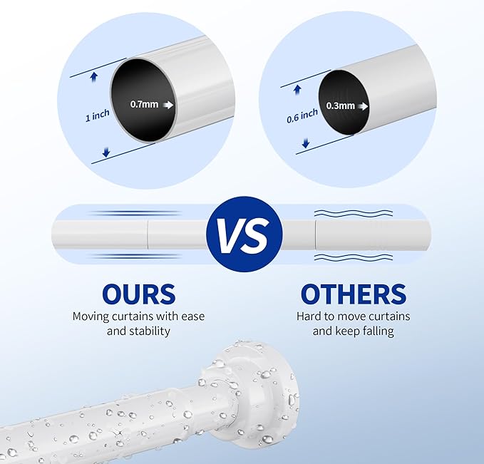 Mcrbeay Shower Curtain Rod, 1" Diameter Heavy Duty Tension Shower Rod, Non Slip Adjustable 28-74 inch No Drill Shower Curtain Rods Spring Tension For Bathroom, Shower Stall, No Rust, White