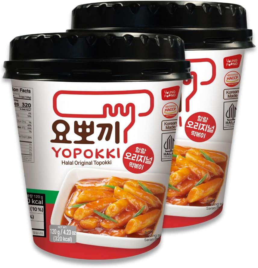 Yopokki Instant Halal Tteokbokki Cup Korean Street food with Jjajang flavored sauce Topokki Rice Cake - Quick & Easy to Prepare (Sweet & Mild Spicy - 2 Cups)