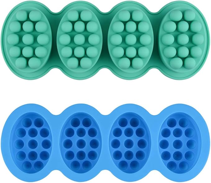 SJ Massage Soap Mold - 2 Pcs, 4 Cavities Silicone Soap Mold for Soap Making, Handmade Hair Brush Shampoo Bar Molds, Food Grade BPA Free(Blue and Green)