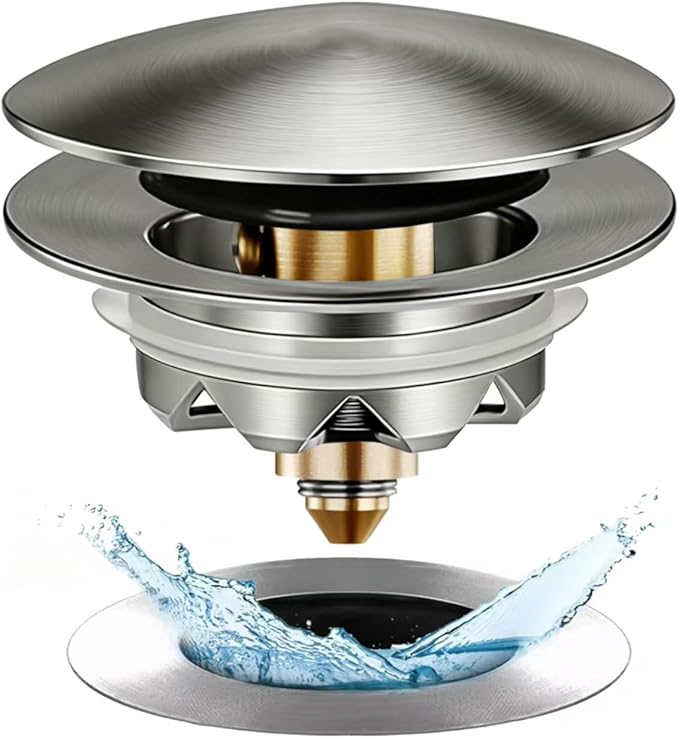 Bathtub Drain Stopper, Pop Up Tub Stopper and Cover, Bottom with Hair Catcher, Universal for 1.45 in to 1.8 in Drain, Replaces Old Drain Plug, Brushed Nickel