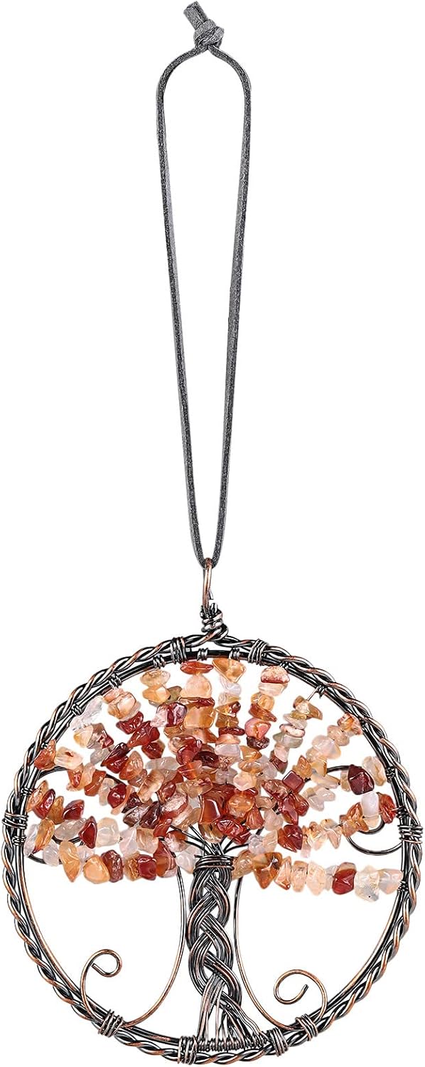 Nupuyai Reiki Healing Crystal Tree of Life Hanging Ornament Circular Handmade Copper Wire Energy Crystal Stone Decor for Home/Car/Wall, Carnelian
