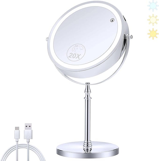 MIYADIVA Lighted Makeup Mirror, 20X Magnifying Mirror with Light, Double Sided Makeup Mirror with 20X/1X Magnification, 360Â°Rotation, 3 Colors Brightness Adjustable Vanity Mirror with 42 LEDs, 2000mAh