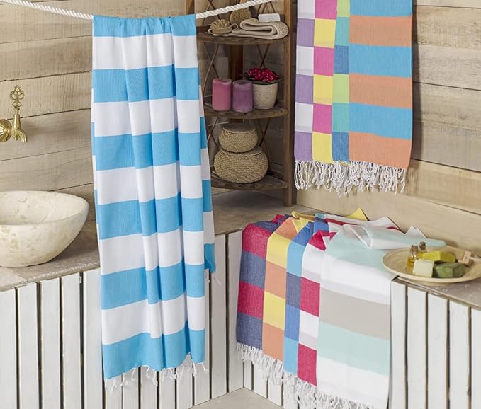 Clotho Set of 4 Turkish Beach Towel with 2 Towel Bands - Beach Towels Oversized 4 Pack - 100% Cotton 40 x 70 inches - SandProof Fast Drying Large Pool Towels