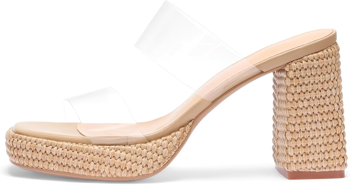 Monrovia Womens Raffia Heeled Sandals Slip On Open Toe Chunky Platform Heel Woven Double Strap Summer Shoes