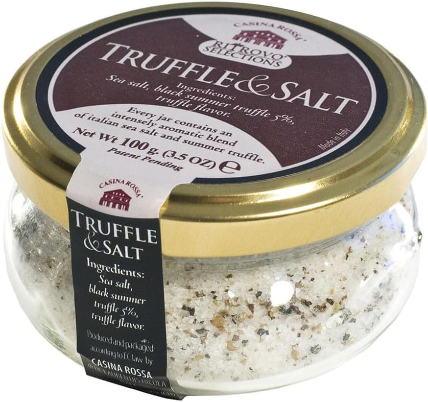 Casina Rossa Truffle & Salt, 3.5 oz (100g) Jar - Italian Sea Salt with Dried Black Summer Truffle for Seasoning, Finishing & Cooking