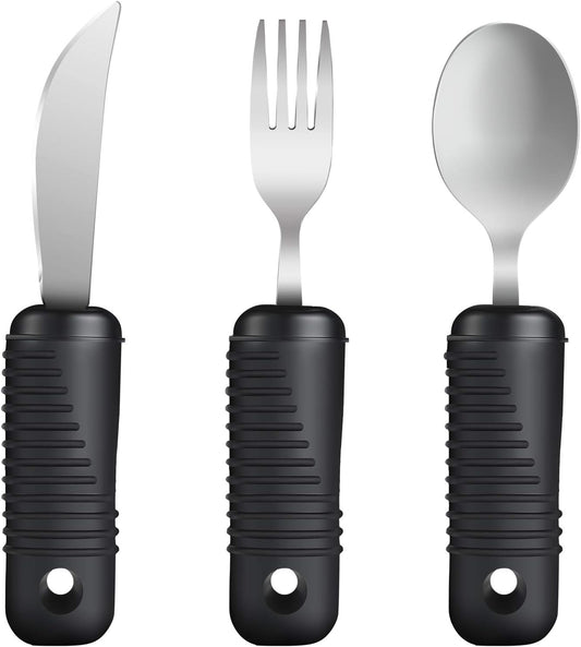 YPC Adaptive Utensils,Easy Grip Silverware,Built-Up Fork,Spoon and Rocker Knife for Adults,Elderly,Arthritis,Tremors and Parkinsons,3 Piece Set