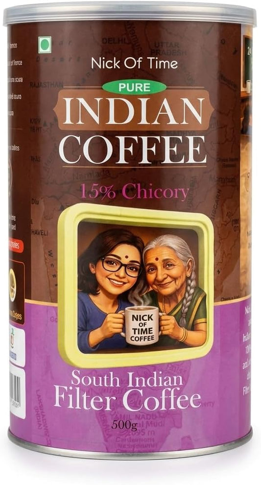 Nick of Time South Indian Filter Coffee (85% Coffee, 15% Chicory) | Arabica AA Grade Dark Roast | Enjoyed Across 14 Countries for 10+ Years | (500g|17.63 oz)