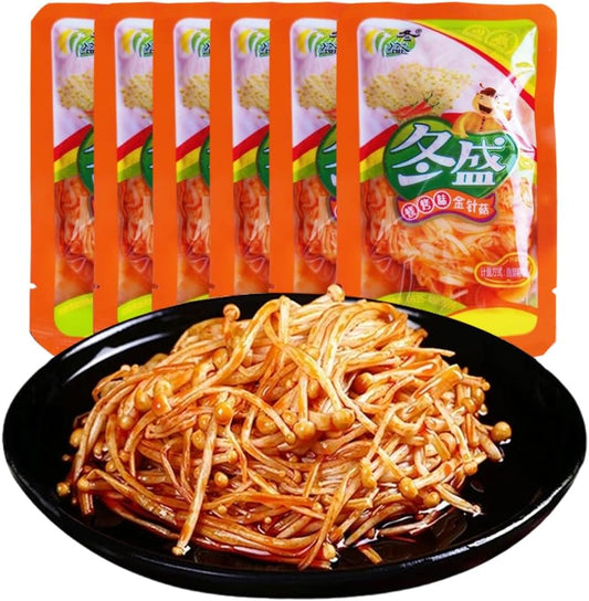 DAMAICHUHAI Spicy Enoki Mushroom Snack, 30g Per Pack, 6 Packs - Chinese Mushroom Crisps, Enoki Mushroom Snack, Hot & Savory, Ready to Eat, Vegan, Gluten-Free