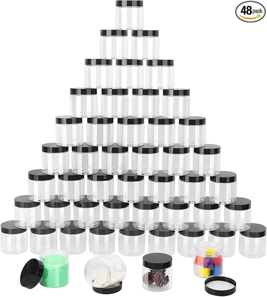 48 Packs 6 OZ Transparent Plastic Jars with black Lids, Body Butter Containers, Cosmetic Containers jars for Kitchen Ingredients, beads, sequins, Lotion, Cream, DIY Crafts and More by KUKLIPJIM.