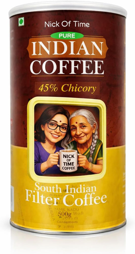 Nick of Time South Indian Filter Coffee (55% Coffee, 45% Chicory) | Arabica AA Grade Dark Roast | Enjoyed Across 14 Countries for 10+ Years | (500g |17.63 oz)