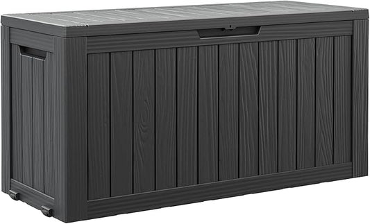 82 Gallon Outdoor Storage Box, Resin Deck Boxes Outdoor Waterproof For Patio Furniture, Garden Tools, Pool Supplies, Lockable And UV Resistant (Striped Black)
