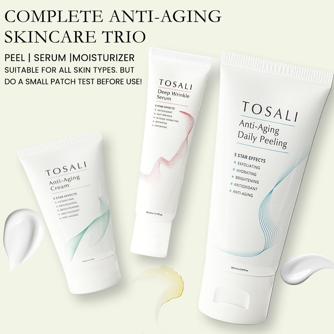 Anti Aging Skincare Set – Daily Peeling Mask (6.8 oz), Deep Wrinkle Serum (1.7 fl oz) & Face Cream (1.7 oz) – Hydrating, Brightening, Wrinkle Reduction & Skin Firming for All Skin Types