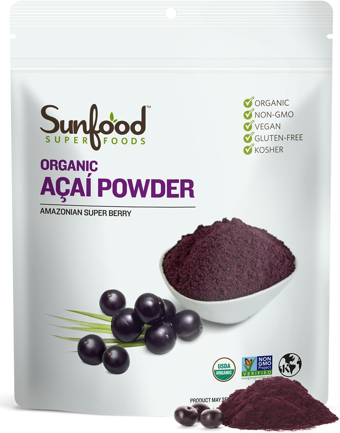 Sunfood Superfoods Organic Acai Powder - Dried Acai Berry Powder Mix for Smoothie Bowls & Drinks, Fruit Source of Antioxidants, Gluten Free, USDA Organic, Non GMO - 4 oz Bag