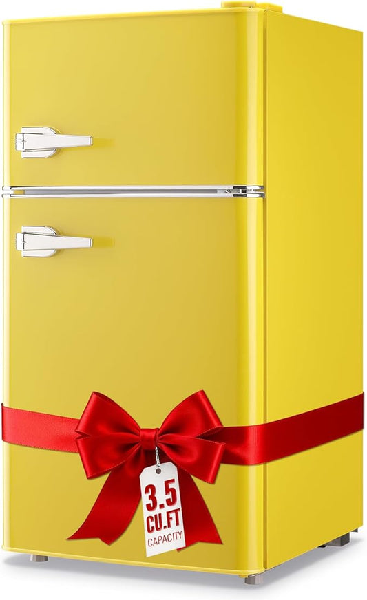 WANAI 2 Door 2 Handle Mini Refrigerator with Freezer-on-top, Spacious 3.5 Cubic Feet Capacity Small Fridge with 7-Level Adjustable Thermostat & 2 Removable Shelves Yellow