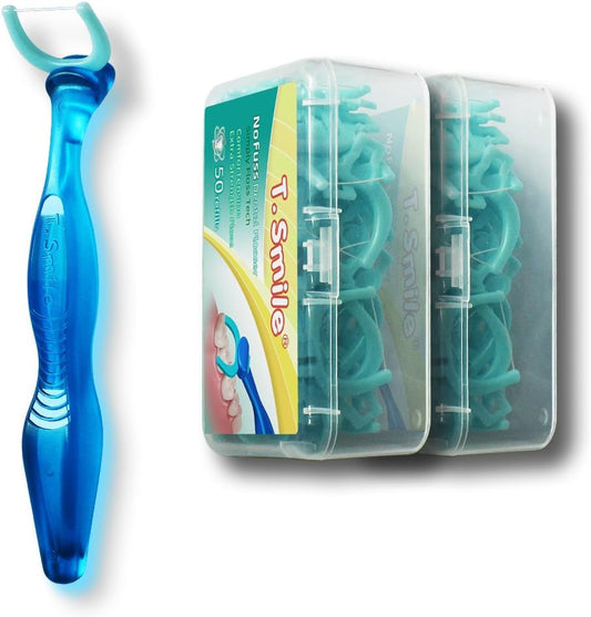 T.Smile NoFuss Dental Flosser Kit, 5-inch Long Handle & Refill Heads, Extra-Strength Floss for Comfortable Clean, Fluoride Free, (1 Blue Handle + 100 Extra-Strength Floss Refills)