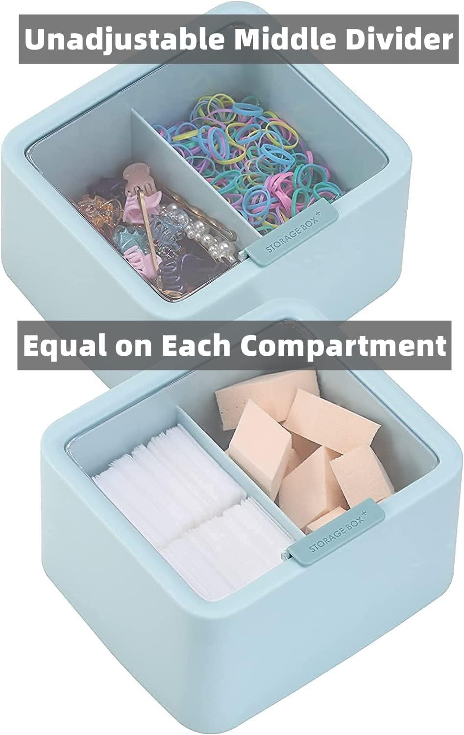 Tecbeauty 2pcs Qtips Holder - Middle Divider Cotton Pads Storage Dispenser Bathroom Organizer with Clear Hinged Lids for Cotton Balls Swabs Rounds-White & Blue