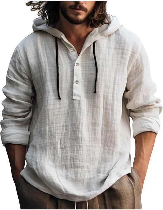 Linen Hoodie Shirts for Men Lightweight Button Long Sleeve Hooded Shirts Loose Fit Boho Linen Beach Shirt Summer Tops