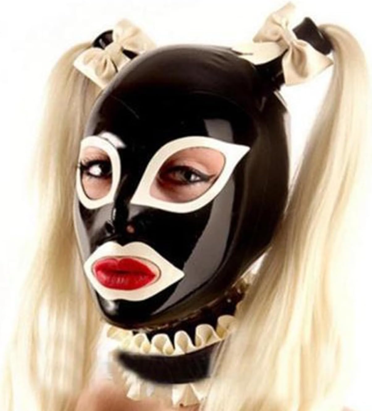 Latex Hood Rubber Head Mask with Hair Pieces Wigs Ponytails Latex Head Cover Back Zipper Natural latex Unisex