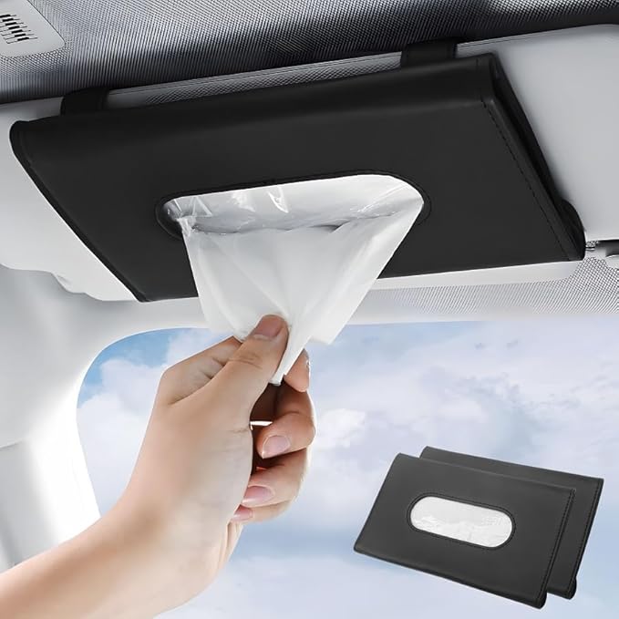 Car Tissue Holder 2 Pack with Ultra Soft Lotion Facial Tissues - Slim Visor Mount for Cars/Trucks/SUVs, Kleenex-Compatible Napkin Organizer (Ergonomic Design, Easy Installation)