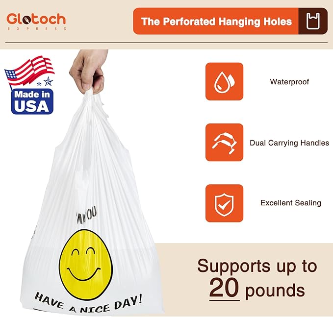 Glotoch 84000 (84K) Ct Plastic Thank You T-shirt Bags Smile Face, 11.5 x 6.5x 21" Have Nice Day Grocery Shopping Gift Bag with Handles for Restaurant, Retail, To go, Convenience Store, in Bulk Business