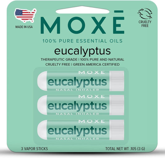 MOXĒ Eucalyptus Essential Oil Nasal Inhaler, Sinus & Congestion Relief, Daily Relaxation, Stress Relief, Therapeutic No-Mess Aromatherapy, Pure and Natural, Made in USA (3 Pack) packaging may vary