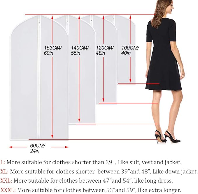 Garment Bags for Hanging Clothes 24''X48'' Suit Bags for Closet Storage (Pack of 6) Plastic Waterproof Suit Cover Bags with Zipper for Coats, Jackets, Shirts