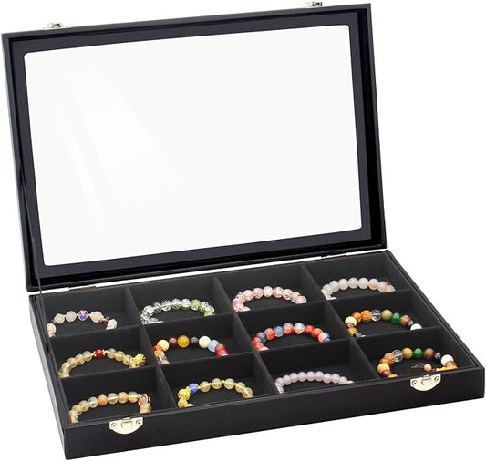 KOOAAICCHI Jewelry Tray Organizer with Clear Lid - 12 Grid Storage Display Case with Lock Earring Ring Organizer Showcase Gifts for Women-Black