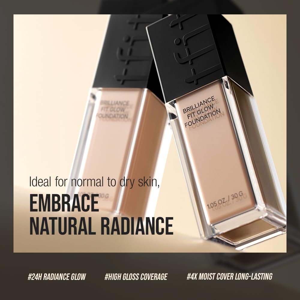 Brilliance Fit Glow Foundation - Full Coverage for Dry & Normal Skin, Radiant Finish, Long-lasting & Lightweight, Korean Makeup, 1.02 Fl Oz (C01 Porcelain, 1.02 Fl Oz)