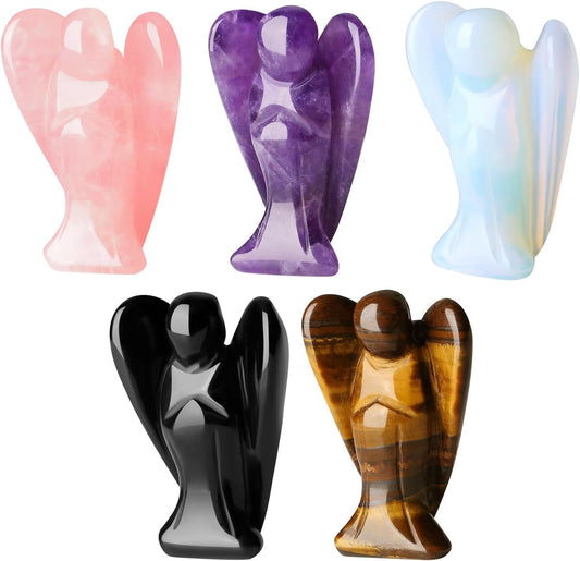 QINJIEJIE 5PCS Crystal Angel Decor Amethyst Rose Quartz Opal Black Obsidian Tiger Eye Polished Stones Statue Cute Carved Gemstone Room Office Desk Guardian Angel Home Reiki Pocket Gift for Women