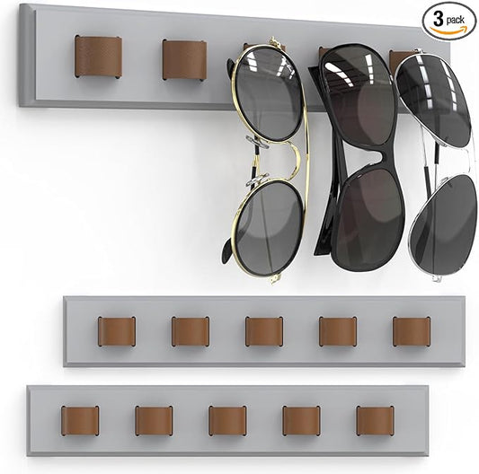 3 Pack Sunglass Organizer, Wall Mounted Sunglasses Organizer, Wooden Glasses Holder Sunglass Holder, Sunglasses Rack for Hanging Your Multiple Eyeglasses, for Wall, Home Decor(Light Grey)