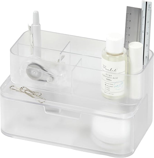 BLUE GINKGO Compact Desk Organizer â Small 5-Compartment, Half Drawer Storage â Pen Holder, Stationery Organizer for Desktop, Vanity, Shelf (Made in Korea, Transperent)